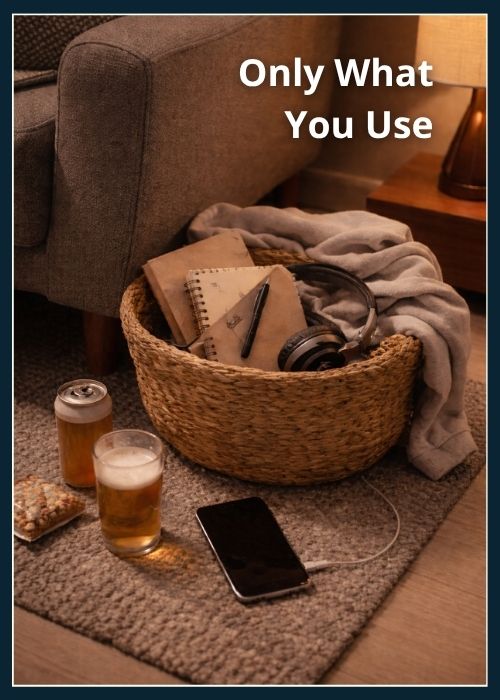 Basket full of items for winding down including a book, wired headphones, a rolled up hoodie. Around the basket on the floor there is a glass of beer, a phone and some snacks.