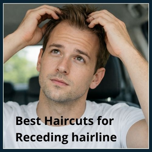 man with receding hairline updating his look during the day. He is fixing his hair in the rear view mirror of his car.