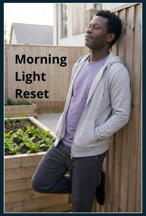 Man in his garden, leaning casually against a wooden fence. He is relaxed and taking in the morning air and light.