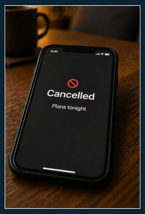 phone showing cancelled plans message on table in evening setting
