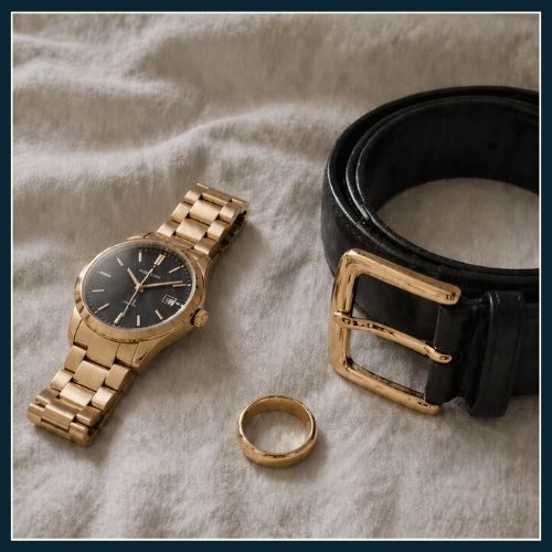 Flalt lay of accessories for a classy man, includes a watch, belt and ring.