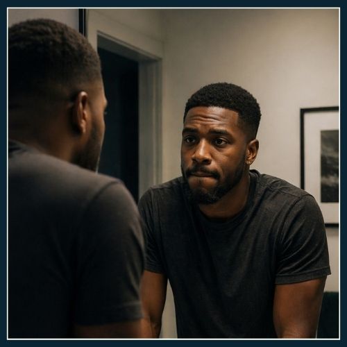 man looking at himself in mirror appearing thoughtful and holding back reaction