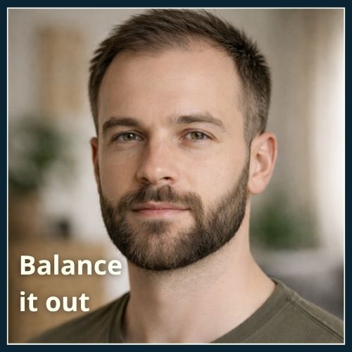 A man with thinning on top and receding hairline. He has a well-shaped beard (balanced along jaw, not chin-heavy). His overall look is clean but natural.