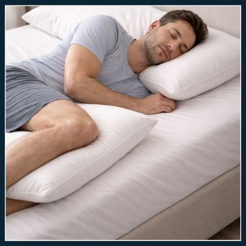 Man sleeping on his side with a supportive pillow under his head and another between his knees.