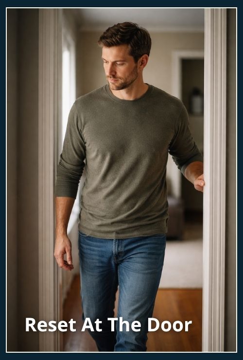 Man walking through a doorway, he is adjusting his thinking and mind frame as he does so.