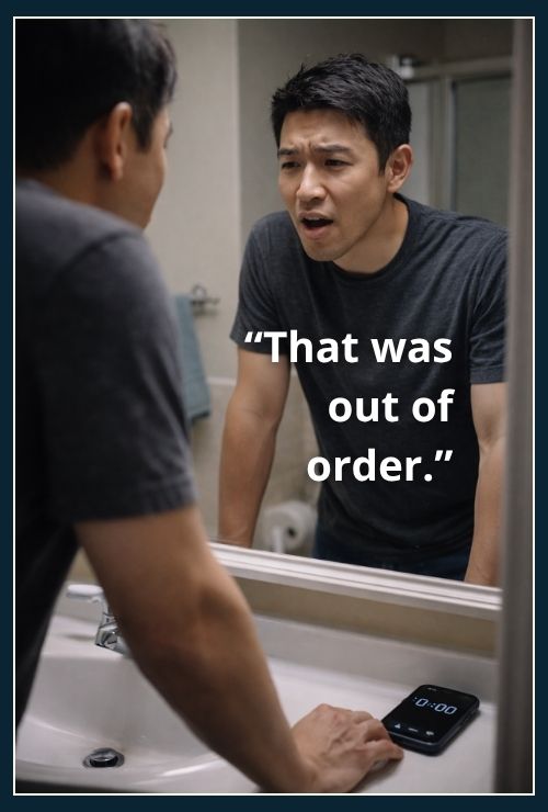 Man looking into the bthroom mirror. THere is a timer set on his phone. He is venting out his irritation.