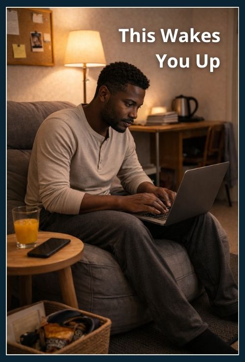 a man working on his laptop in his wind down space instead of getting ready to drift off to sleep.