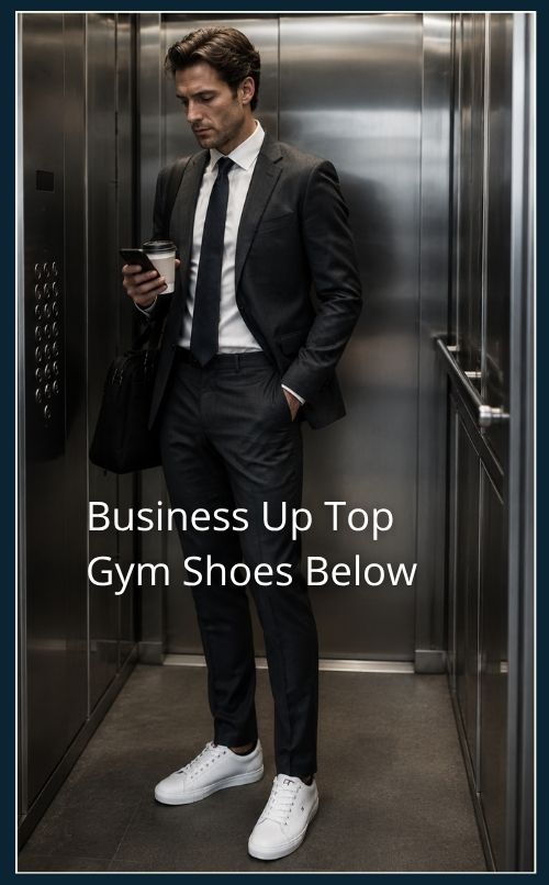 Buiness man in a lift checking his phone, He is wearing full business attire with bright white trainers. He looks awkward because the suit is too formal for the casual trainers