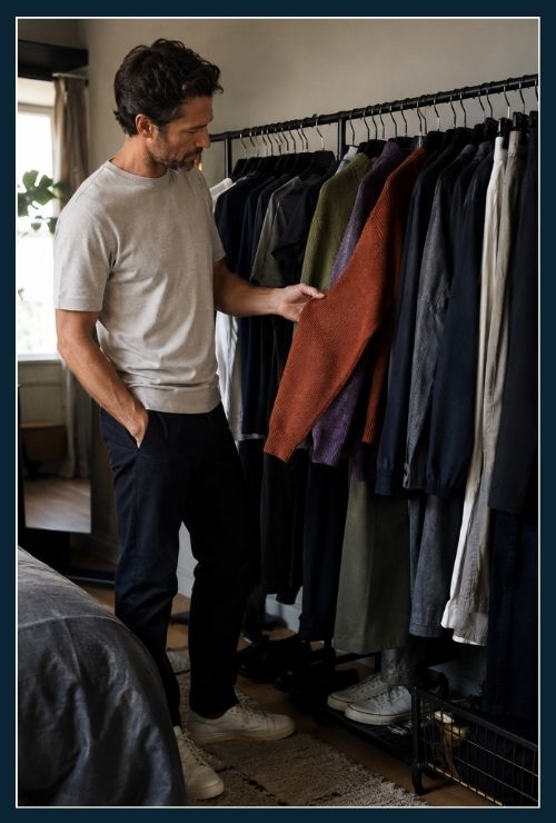 Man taking a close look at brighter colour knits in his wardrobe