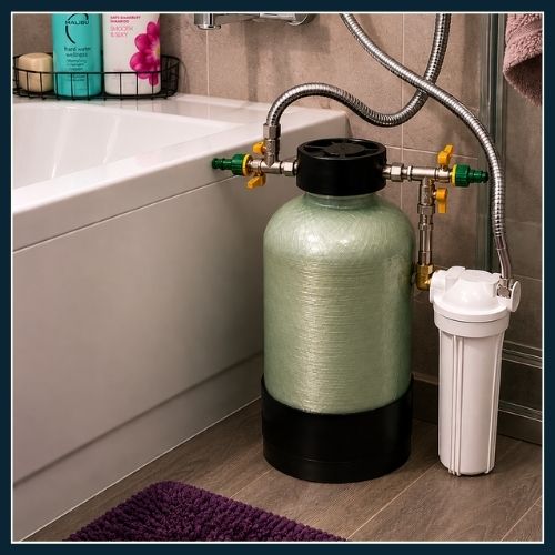 marine water softener set up in bathroom for mineral build up removal