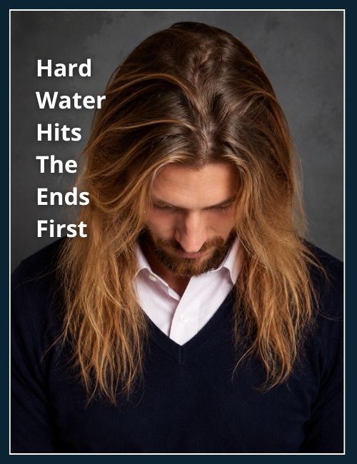 man with long hair shows health moisturised roots and dry rougher ends.