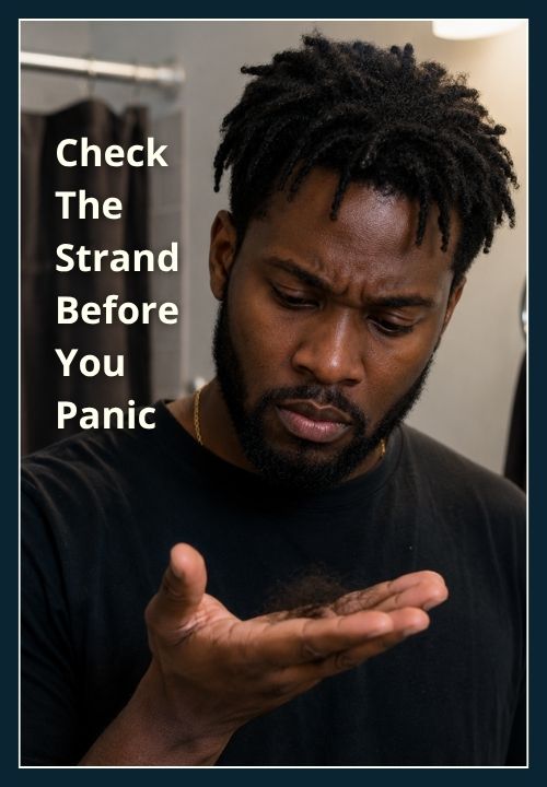 man looking at hair strands in his hand. He looks worried about whether the hair strands represent breakage or excess shedding.