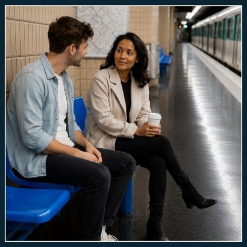 Confident man speaking to a friend and giving her enough space to breath and be comfortable.