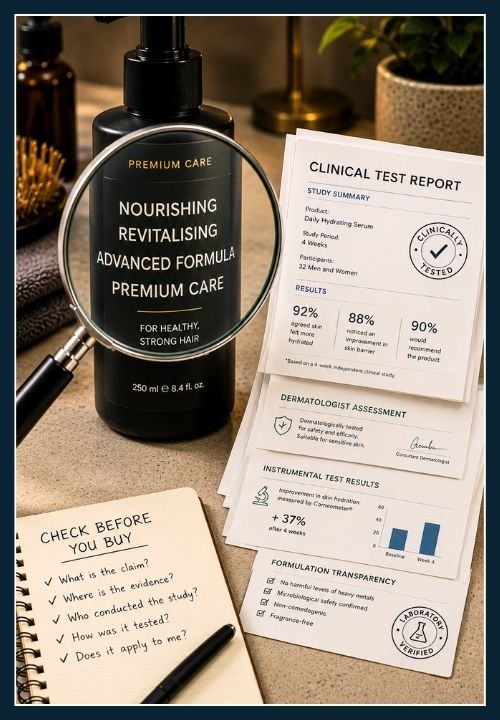 Close up of a grooming product bottle showing marketing claims alongside references to studies and product testing.
