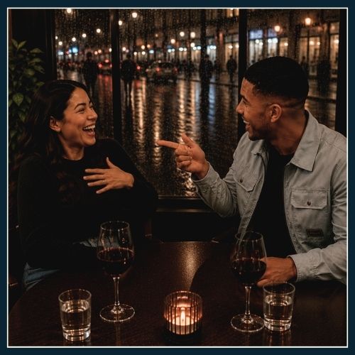 Two people on a date engaged in playful conversation.