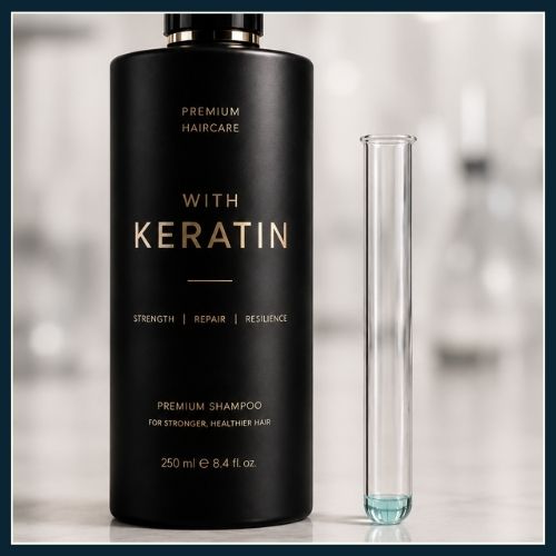 An expensive bottle of keratin hair product placed next to a testube that contains trace elements of keratin.