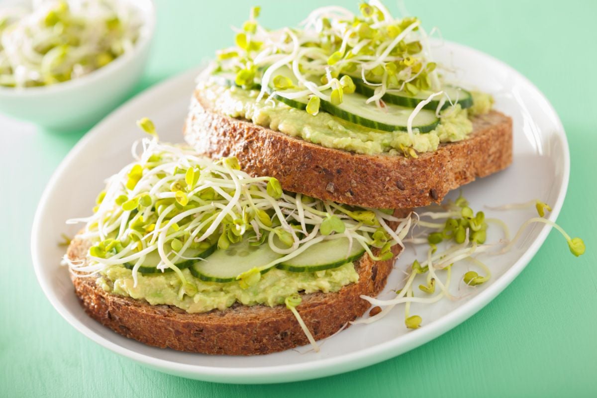 Smashed avocado, Cucumber, Sprouts, Wholegrain sourdough, Pumpkin seeds