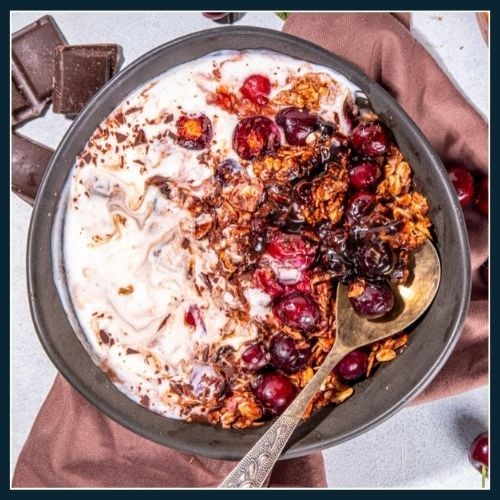 Cherries, oats, dark chocolate and greek yoghurt