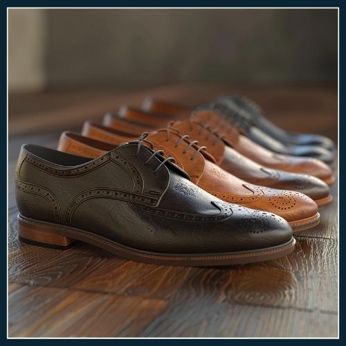 smart work shoes lines up on a wooden floor. The last shoe is a different colour which represents how it behaves and smells different from other similar shoes.