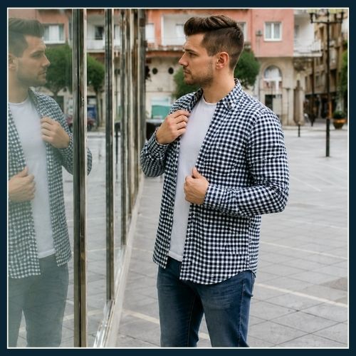 The moment a man checks his reflection in a shop window and realsies he looks different from when he left his house.
