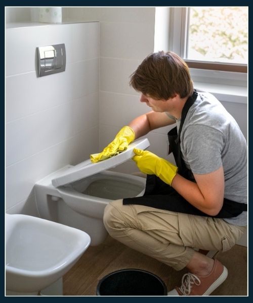 Man wearing an old T-shirt and rubber gloves while cleaning a toilet