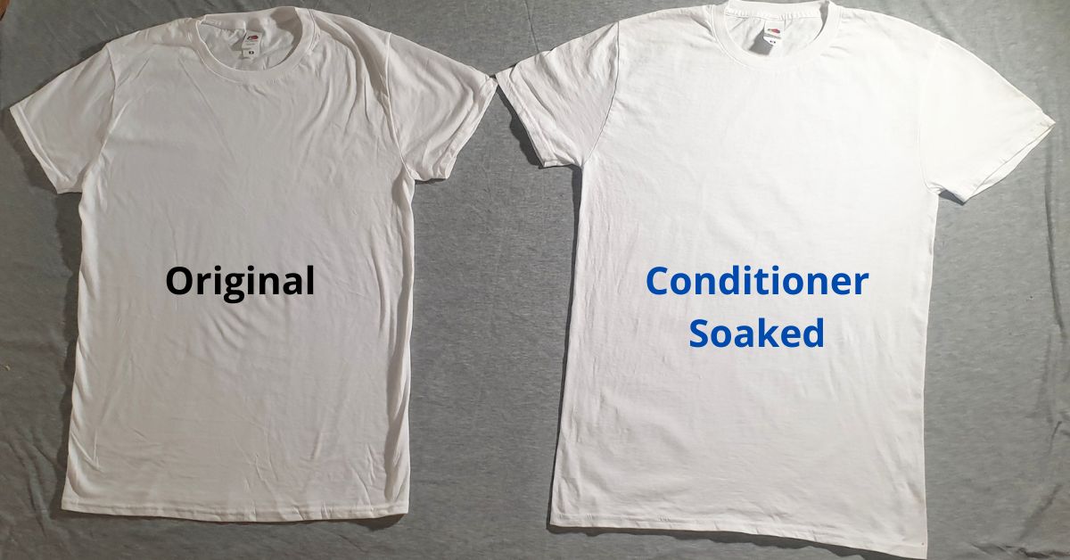side by side comparison of original unwashed T-shirt vs shrunken washed T-shirt that has been soaked and reshaped with hair conditioner.