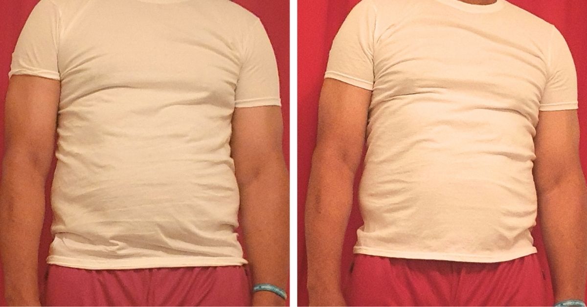 side by side comparison of tshirt after the soak and reshape method.
