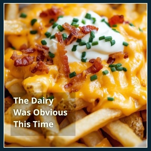 a huge plate of cheesy chips with bacon bits.