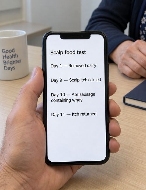 Phone Screen shows the results of a dandruff food test.